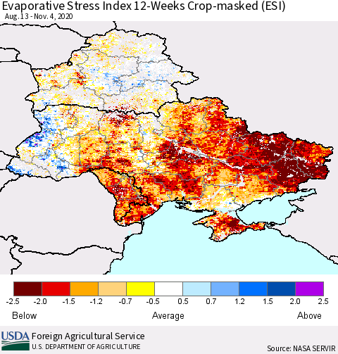 Ukraine, Moldova and Belarus Evaporative Stress Index (ESI), 12-Weeks over Croplands Thematic Map For 11/2/2020 - 11/8/2020