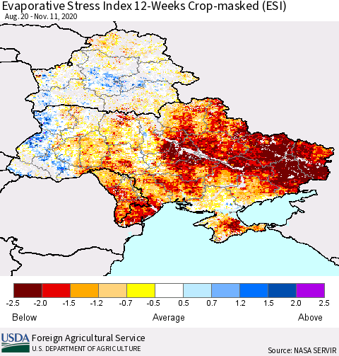 Ukraine, Moldova and Belarus Evaporative Stress Index (ESI), 12-Weeks over Croplands Thematic Map For 11/9/2020 - 11/15/2020