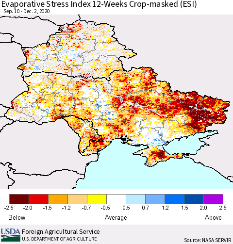 Ukraine, Moldova and Belarus Evaporative Stress Index (ESI), 12-Weeks over Croplands Thematic Map For 11/30/2020 - 12/6/2020