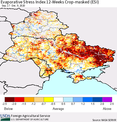 Ukraine, Moldova and Belarus Evaporative Stress Index (ESI), 12-Weeks over Croplands Thematic Map For 12/7/2020 - 12/13/2020