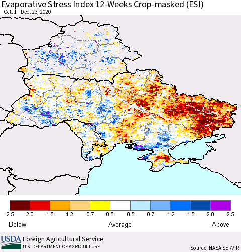 Ukraine, Moldova and Belarus Evaporative Stress Index (ESI), 12-Weeks over Croplands Thematic Map For 12/21/2020 - 12/27/2020