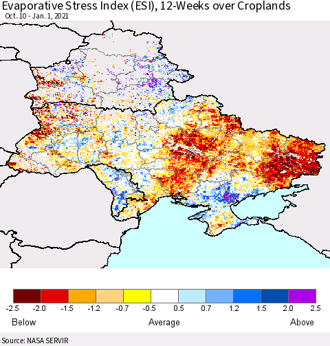 Ukraine, Moldova and Belarus Evaporative Stress Index (ESI), 12-Weeks over Croplands Thematic Map For 12/28/2020 - 1/3/2021