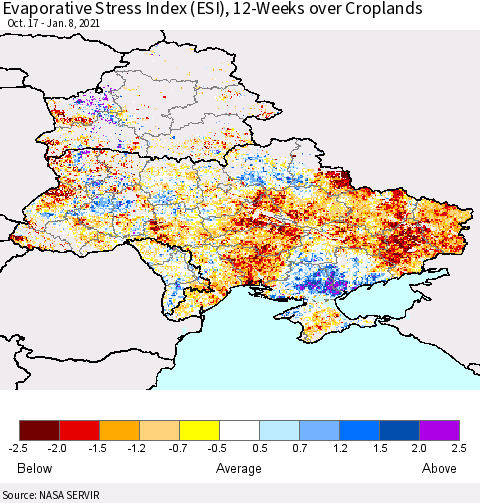 Ukraine, Moldova and Belarus Evaporative Stress Index (ESI), 12-Weeks over Croplands Thematic Map For 1/4/2021 - 1/10/2021