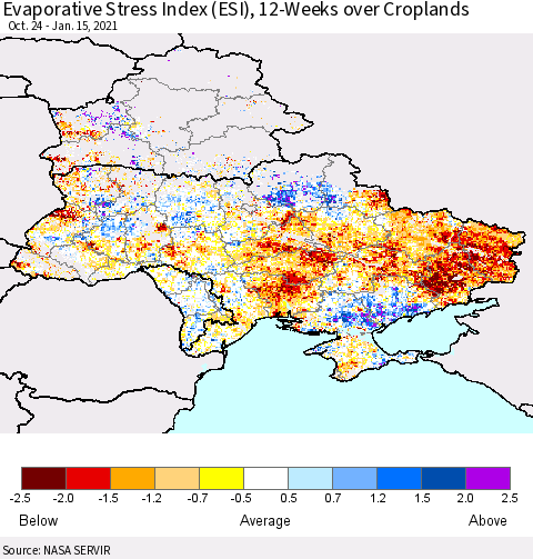 Ukraine, Moldova and Belarus Evaporative Stress Index (ESI), 12-Weeks over Croplands Thematic Map For 1/11/2021 - 1/17/2021