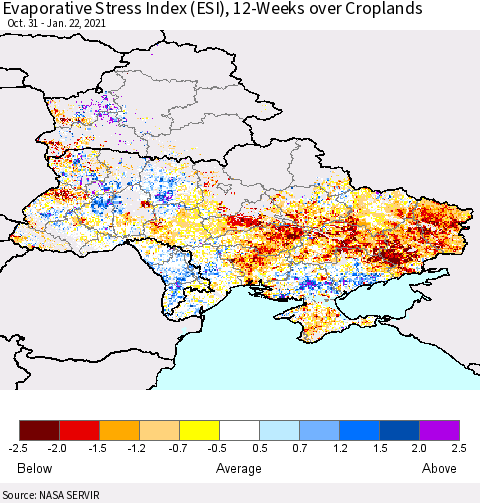 Ukraine, Moldova and Belarus Evaporative Stress Index (ESI), 12-Weeks over Croplands Thematic Map For 1/18/2021 - 1/24/2021