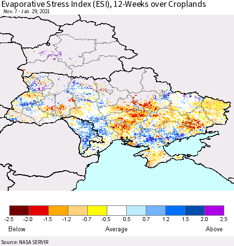 Ukraine, Moldova and Belarus Evaporative Stress Index (ESI), 12-Weeks over Croplands Thematic Map For 1/25/2021 - 1/31/2021
