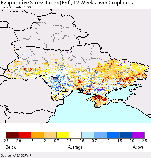 Ukraine, Moldova and Belarus Evaporative Stress Index (ESI), 12-Weeks over Croplands Thematic Map For 2/8/2021 - 2/14/2021
