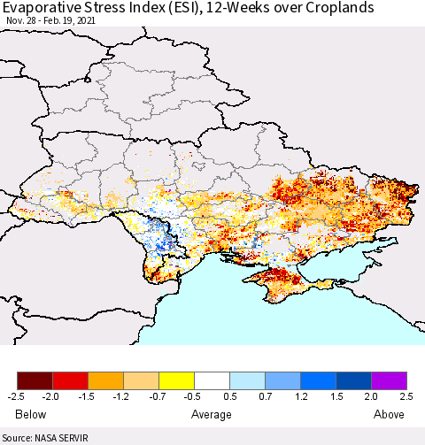 Ukraine, Moldova and Belarus Evaporative Stress Index (ESI), 12-Weeks over Croplands Thematic Map For 2/15/2021 - 2/21/2021