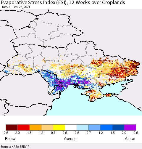 Ukraine, Moldova and Belarus Evaporative Stress Index (ESI), 12-Weeks over Croplands Thematic Map For 2/22/2021 - 2/28/2021