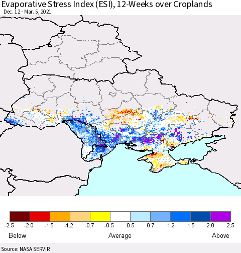 Ukraine, Moldova and Belarus Evaporative Stress Index (ESI), 12-Weeks over Croplands Thematic Map For 3/1/2021 - 3/7/2021