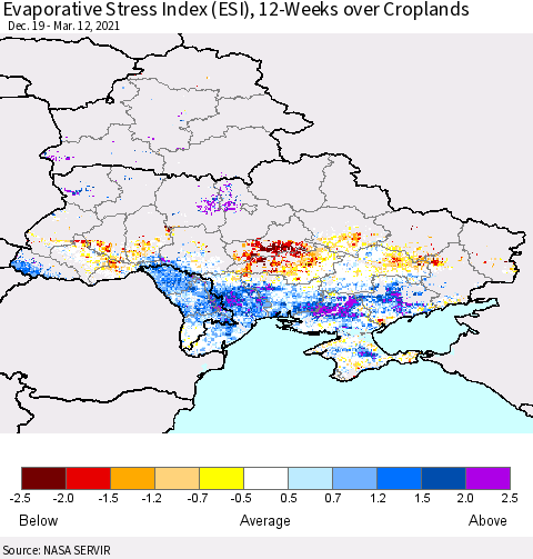 Ukraine, Moldova and Belarus Evaporative Stress Index (ESI), 12-Weeks over Croplands Thematic Map For 3/8/2021 - 3/14/2021