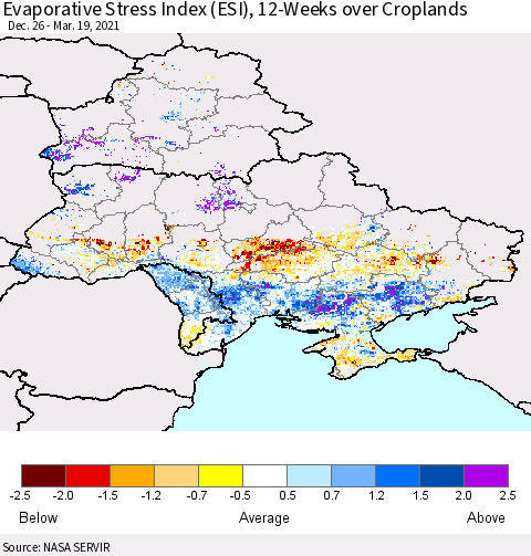 Ukraine, Moldova and Belarus Evaporative Stress Index (ESI), 12-Weeks over Croplands Thematic Map For 3/15/2021 - 3/21/2021