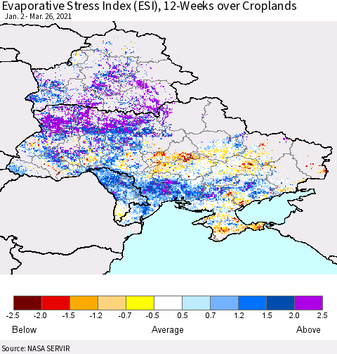 Ukraine, Moldova and Belarus Evaporative Stress Index (ESI), 12-Weeks over Croplands Thematic Map For 3/22/2021 - 3/28/2021