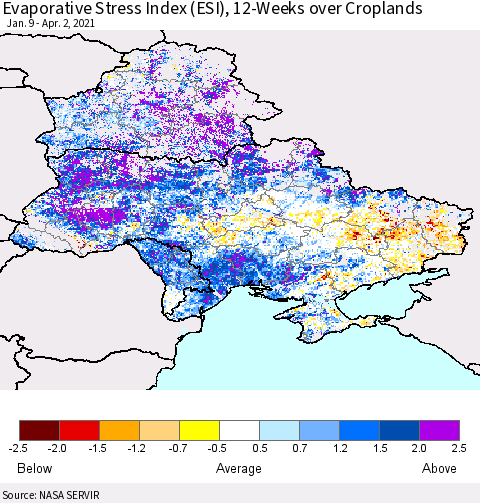 Ukraine, Moldova and Belarus Evaporative Stress Index (ESI), 12-Weeks over Croplands Thematic Map For 3/29/2021 - 4/4/2021
