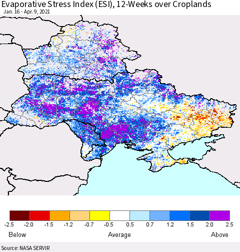 Ukraine, Moldova and Belarus Evaporative Stress Index (ESI), 12-Weeks over Croplands Thematic Map For 4/5/2021 - 4/11/2021