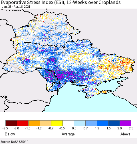 Ukraine, Moldova and Belarus Evaporative Stress Index (ESI), 12-Weeks over Croplands Thematic Map For 4/12/2021 - 4/18/2021