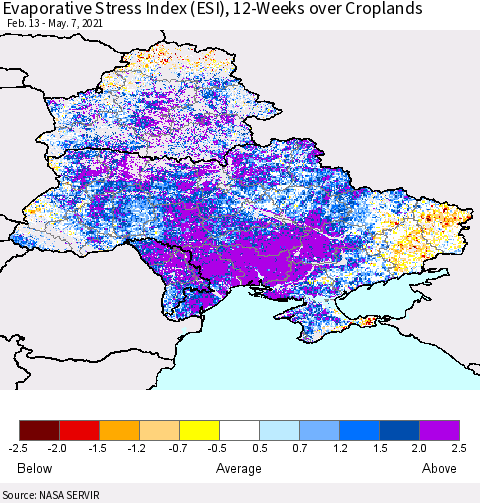 Ukraine, Moldova and Belarus Evaporative Stress Index (ESI), 12-Weeks over Croplands Thematic Map For 5/3/2021 - 5/9/2021