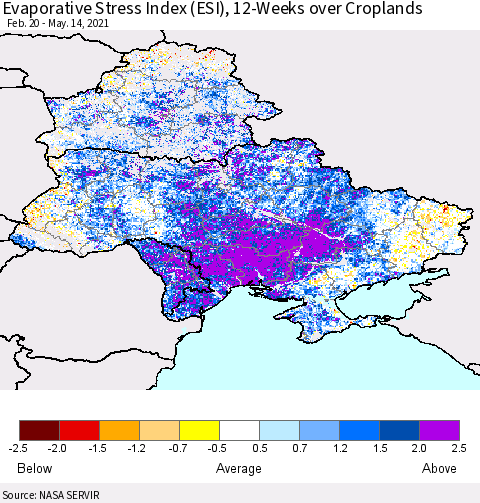 Ukraine, Moldova and Belarus Evaporative Stress Index (ESI), 12-Weeks over Croplands Thematic Map For 5/10/2021 - 5/16/2021