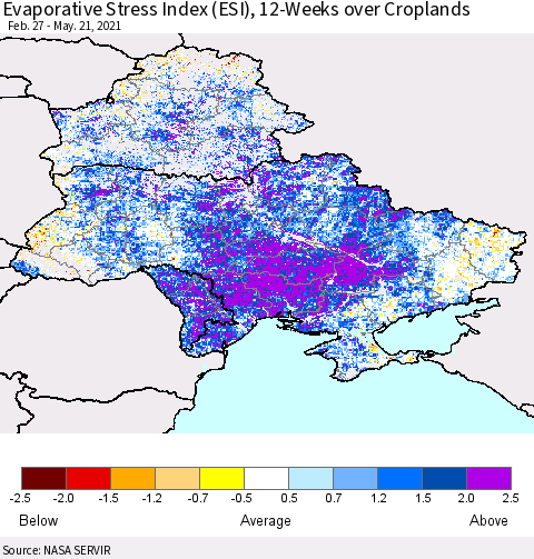 Ukraine, Moldova and Belarus Evaporative Stress Index (ESI), 12-Weeks over Croplands Thematic Map For 5/17/2021 - 5/23/2021