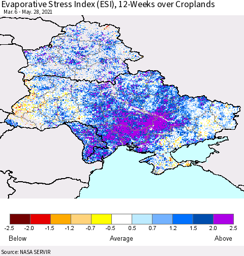 Ukraine, Moldova and Belarus Evaporative Stress Index (ESI), 12-Weeks over Croplands Thematic Map For 5/24/2021 - 5/30/2021