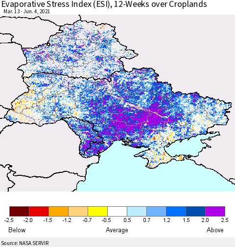Ukraine, Moldova and Belarus Evaporative Stress Index (ESI), 12-Weeks over Croplands Thematic Map For 5/31/2021 - 6/6/2021