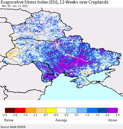 Ukraine, Moldova and Belarus Evaporative Stress Index (ESI), 12-Weeks over Croplands Thematic Map For 6/7/2021 - 6/13/2021