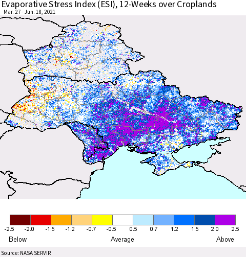 Ukraine, Moldova and Belarus Evaporative Stress Index (ESI), 12-Weeks over Croplands Thematic Map For 6/14/2021 - 6/20/2021