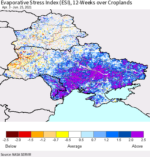 Ukraine, Moldova and Belarus Evaporative Stress Index (ESI), 12-Weeks over Croplands Thematic Map For 6/21/2021 - 6/27/2021