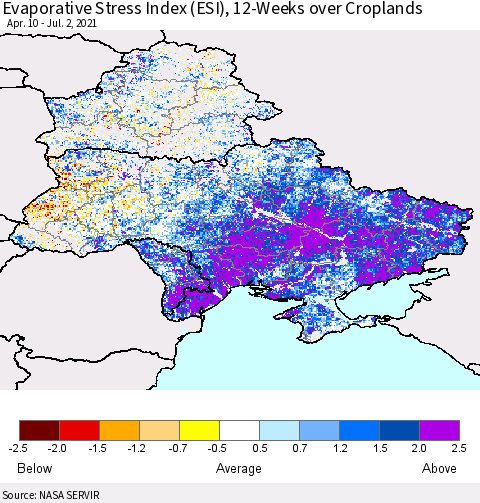 Ukraine, Moldova and Belarus Evaporative Stress Index (ESI), 12-Weeks over Croplands Thematic Map For 6/28/2021 - 7/4/2021