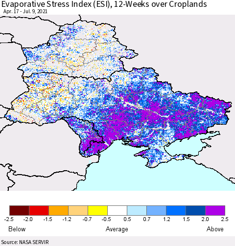 Ukraine, Moldova and Belarus Evaporative Stress Index (ESI), 12-Weeks over Croplands Thematic Map For 7/5/2021 - 7/11/2021