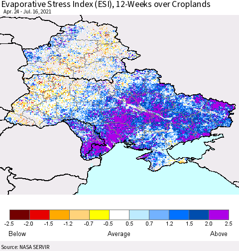 Ukraine, Moldova and Belarus Evaporative Stress Index (ESI), 12-Weeks over Croplands Thematic Map For 7/12/2021 - 7/18/2021