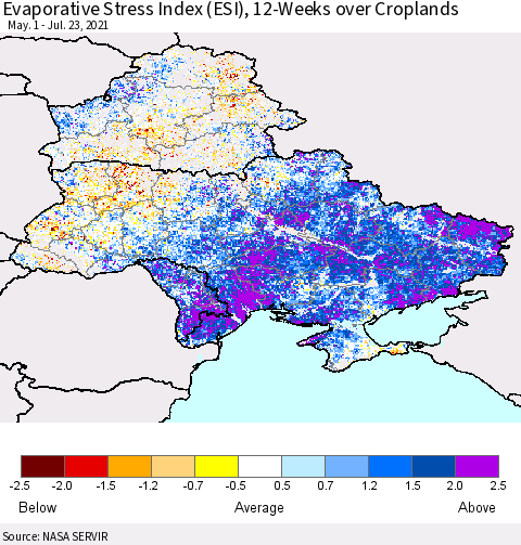 Ukraine, Moldova and Belarus Evaporative Stress Index (ESI), 12-Weeks over Croplands Thematic Map For 7/19/2021 - 7/25/2021