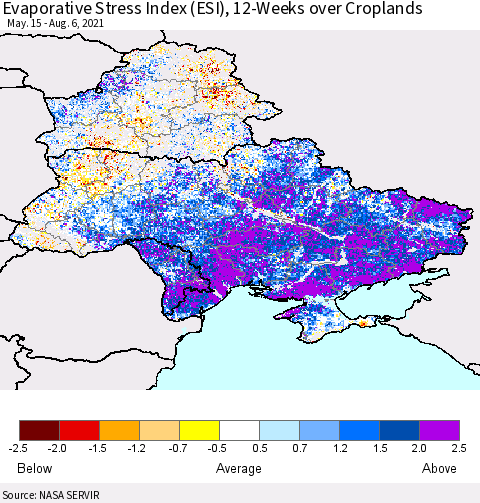 Ukraine, Moldova and Belarus Evaporative Stress Index (ESI), 12-Weeks over Croplands Thematic Map For 8/2/2021 - 8/8/2021