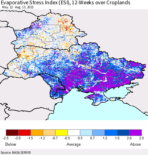 Ukraine, Moldova and Belarus Evaporative Stress Index (ESI), 12-Weeks over Croplands Thematic Map For 8/9/2021 - 8/15/2021