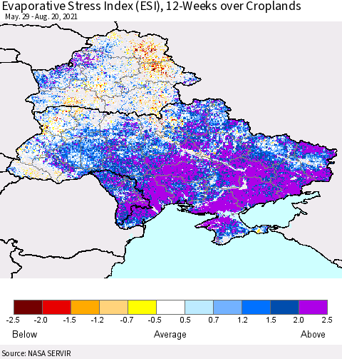 Ukraine, Moldova and Belarus Evaporative Stress Index (ESI), 12-Weeks over Croplands Thematic Map For 8/16/2021 - 8/22/2021