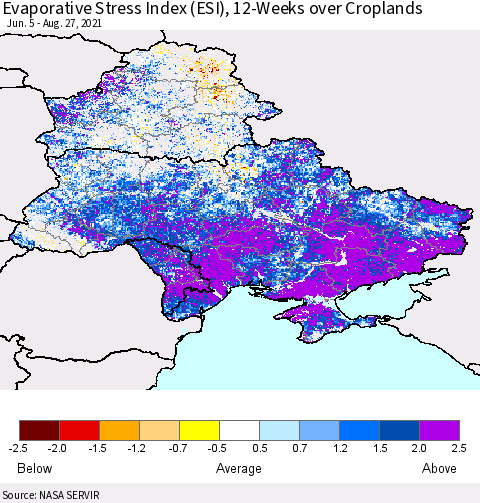 Ukraine, Moldova and Belarus Evaporative Stress Index (ESI), 12-Weeks over Croplands Thematic Map For 8/23/2021 - 8/29/2021