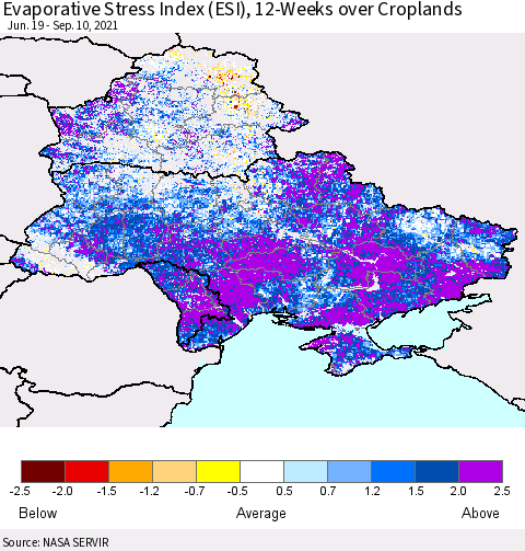Ukraine, Moldova and Belarus Evaporative Stress Index (ESI), 12-Weeks over Croplands Thematic Map For 9/6/2021 - 9/12/2021