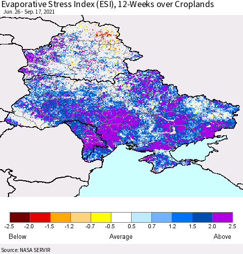Ukraine, Moldova and Belarus Evaporative Stress Index (ESI), 12-Weeks over Croplands Thematic Map For 9/13/2021 - 9/19/2021