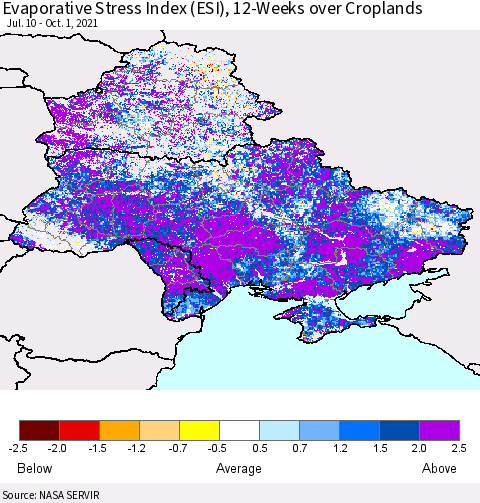 Ukraine, Moldova and Belarus Evaporative Stress Index (ESI), 12-Weeks over Croplands Thematic Map For 9/27/2021 - 10/3/2021