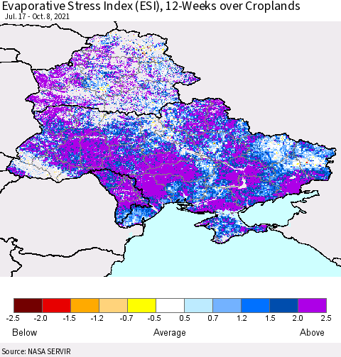 Ukraine, Moldova and Belarus Evaporative Stress Index (ESI), 12-Weeks over Croplands Thematic Map For 10/4/2021 - 10/10/2021