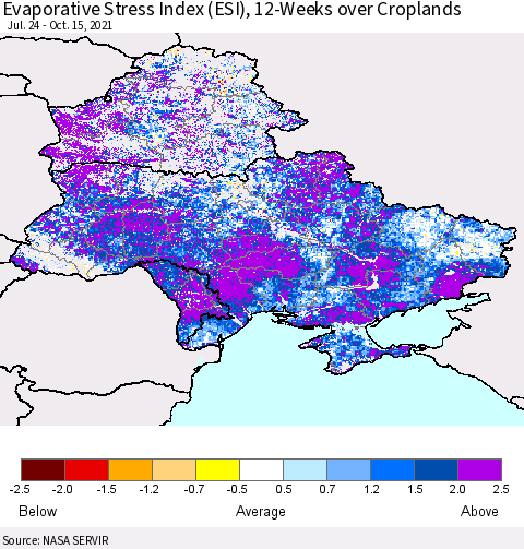 Ukraine, Moldova and Belarus Evaporative Stress Index (ESI), 12-Weeks over Croplands Thematic Map For 10/11/2021 - 10/17/2021