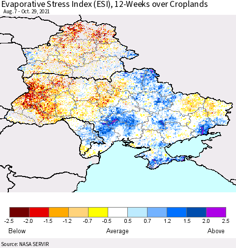 Ukraine, Moldova and Belarus Evaporative Stress Index (ESI), 12-Weeks over Croplands Thematic Map For 10/25/2021 - 10/31/2021
