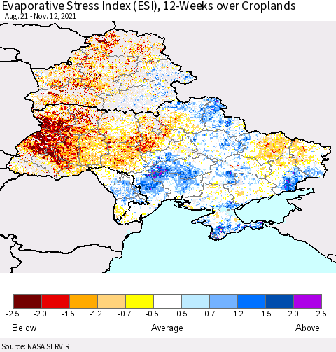 Ukraine, Moldova and Belarus Evaporative Stress Index (ESI), 12-Weeks over Croplands Thematic Map For 11/8/2021 - 11/14/2021