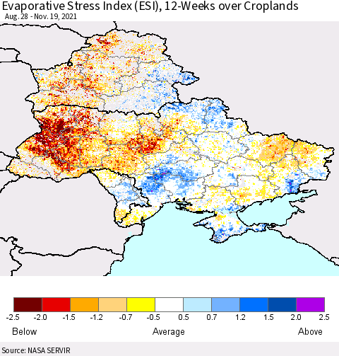 Ukraine, Moldova and Belarus Evaporative Stress Index (ESI), 12-Weeks over Croplands Thematic Map For 11/15/2021 - 11/21/2021