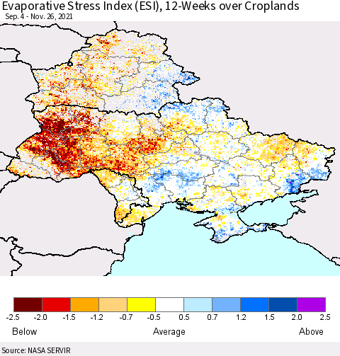 Ukraine, Moldova and Belarus Evaporative Stress Index (ESI), 12-Weeks over Croplands Thematic Map For 11/22/2021 - 11/28/2021