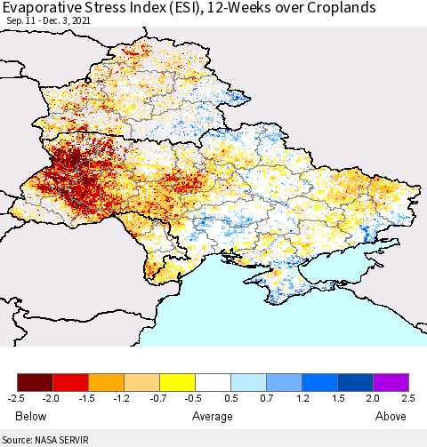 Ukraine, Moldova and Belarus Evaporative Stress Index (ESI), 12-Weeks over Croplands Thematic Map For 11/29/2021 - 12/5/2021