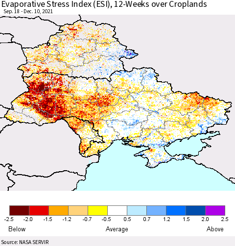 Ukraine, Moldova and Belarus Evaporative Stress Index (ESI), 12-Weeks over Croplands Thematic Map For 12/6/2021 - 12/12/2021