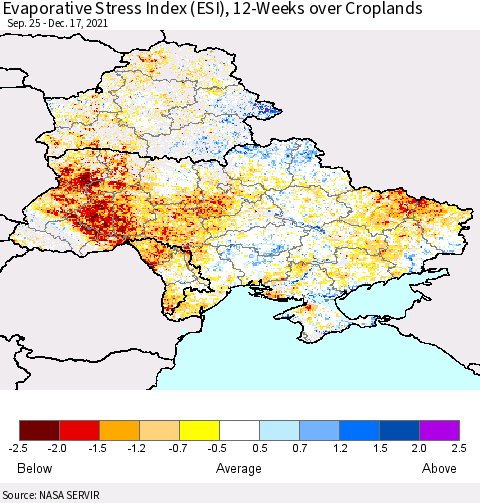 Ukraine, Moldova and Belarus Evaporative Stress Index (ESI), 12-Weeks over Croplands Thematic Map For 12/13/2021 - 12/19/2021