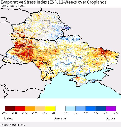 Ukraine, Moldova and Belarus Evaporative Stress Index (ESI), 12-Weeks over Croplands Thematic Map For 12/20/2021 - 12/26/2021