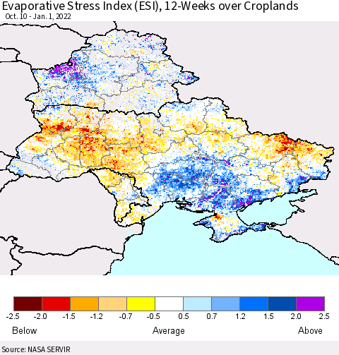 Ukraine, Moldova and Belarus Evaporative Stress Index (ESI), 12-Weeks over Croplands Thematic Map For 12/27/2021 - 1/2/2022